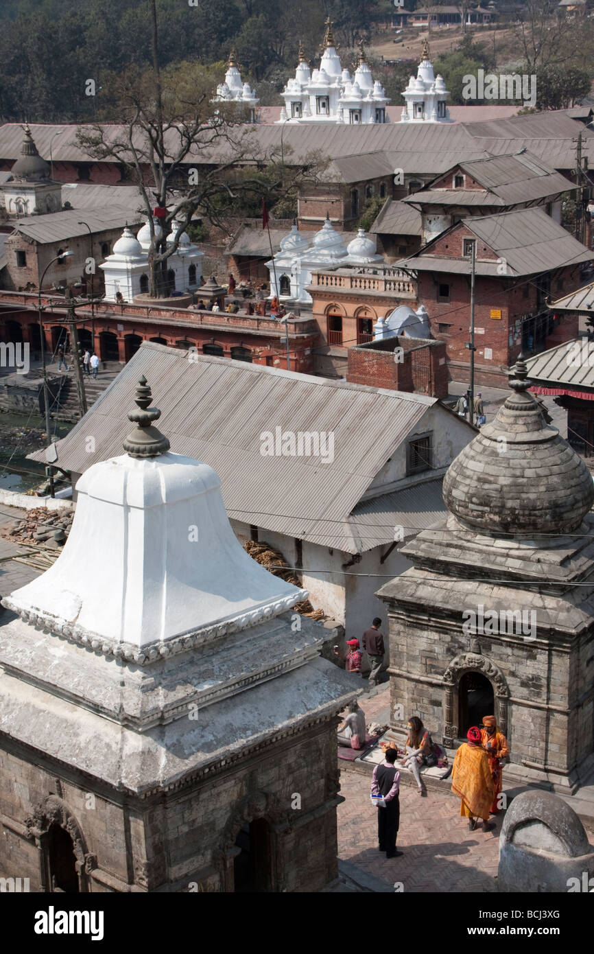 Pashupatinath, Kathmandu, Nepal.  Votive Shrines, Chaityas, Funeral Monuments, Memorials, Overlooking the Temple. Stock Photo