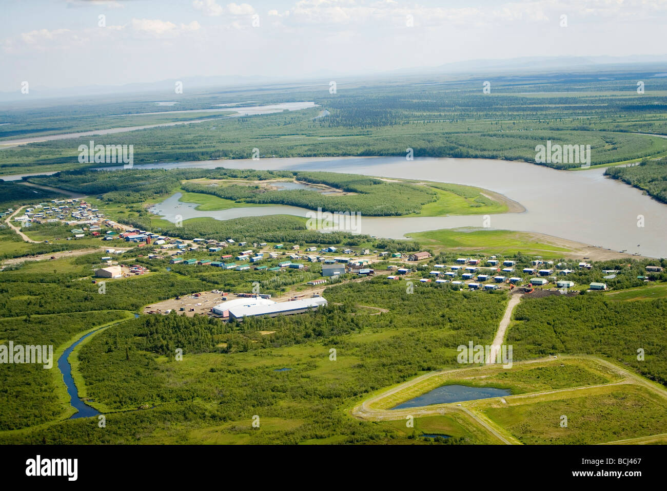 Aerial of village of Akiachak along Kuskokwim River Western Alaska