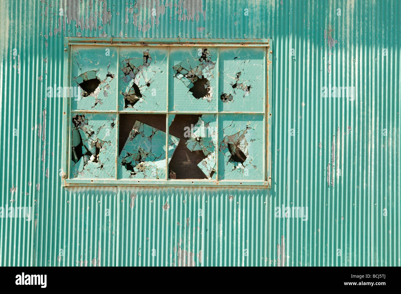 Green corrugated metal wall with broken glass windows Stock Photo