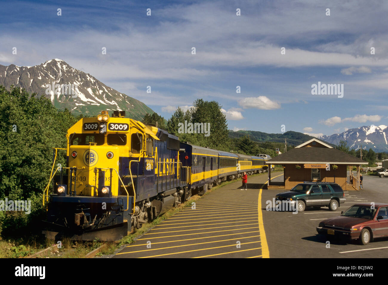 Alaska Railroad Passenger Train @ Depot Seward KP AK Summer Stock Photo