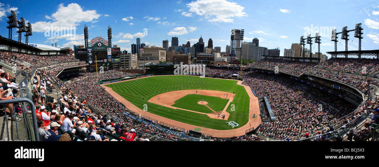Comerica Park home of the Detroit Tigers during a baseball game between the Cleveland Indians and the Detroit Tigers. Stock Photo