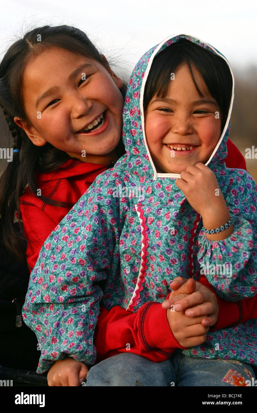 Portrait of Yupik Native Alaskan girls near Kwethluk Alaska Stock Photo