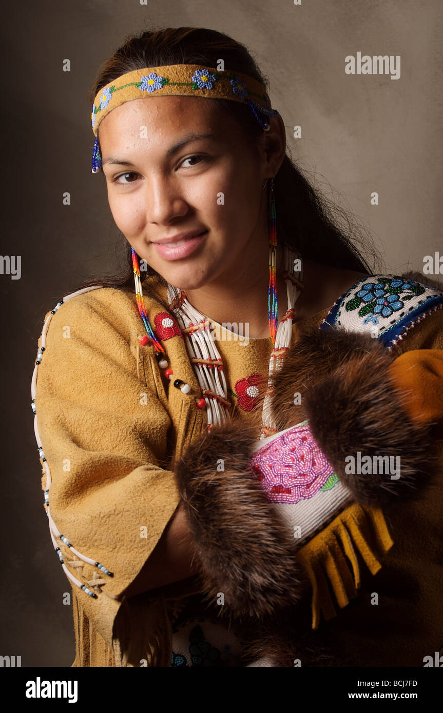 Studio portrait of an Athabascan woman in traditional dress Stock Photo