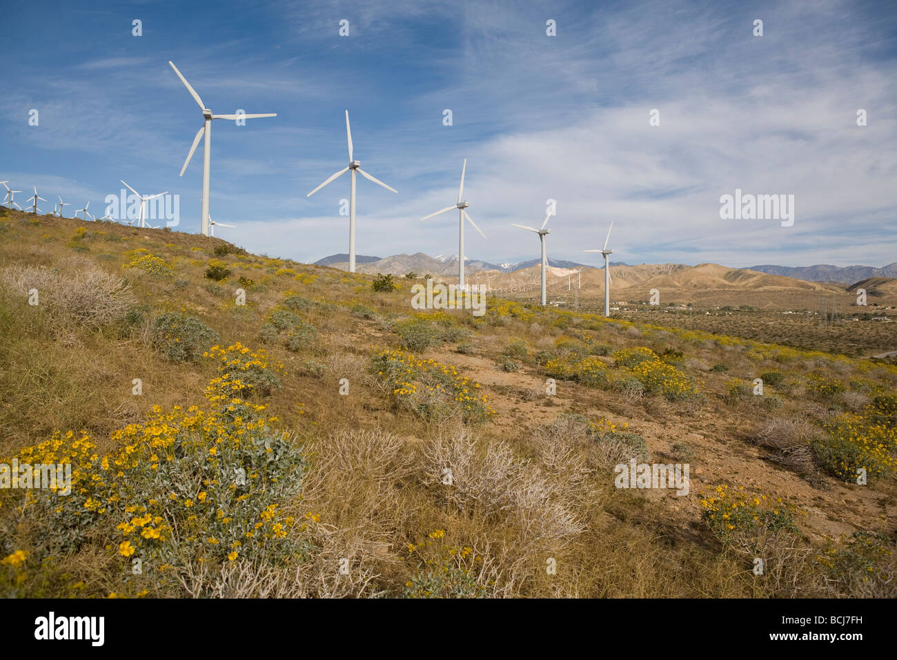 Energy generating windmills in desert against sky Palm Springs California USA Coachella Valey Stock Photo