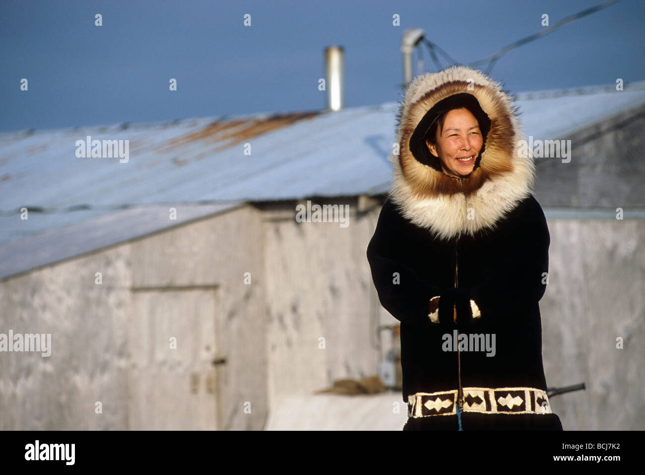 Yupik woman in traditional winter parka Hooper Bay Western Alaska ...