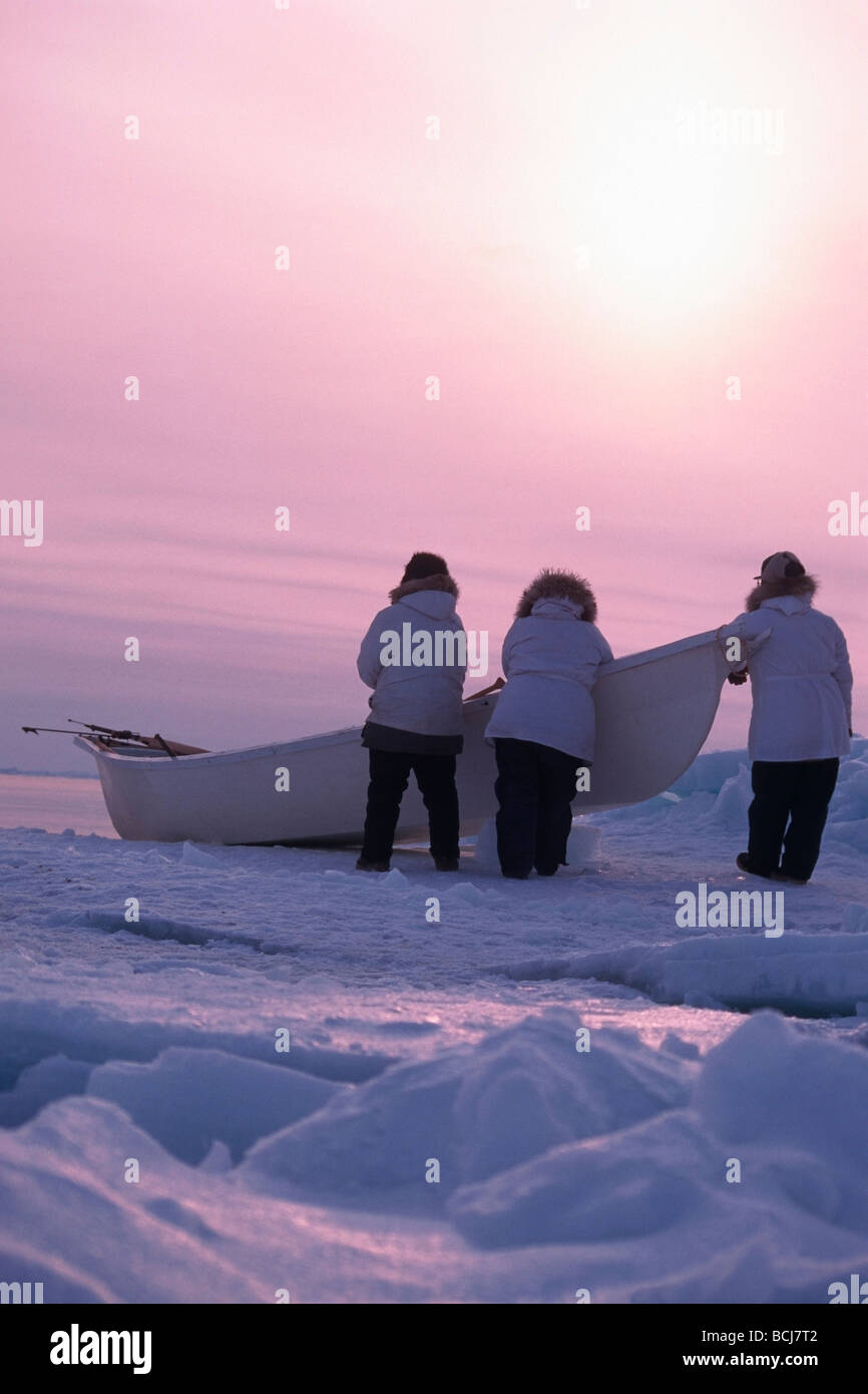 Native Hunters w/ Skin Boat at Whale Camp Barrow AK Arctic Transportation Hunting Group<10 Stock Photo