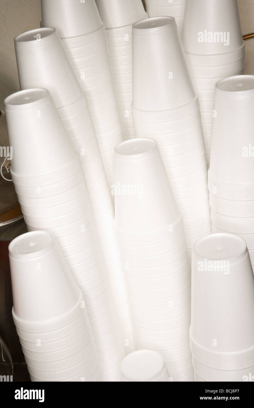Stack of Styrofoam polystyrene foam white disposible cups Stock Photo