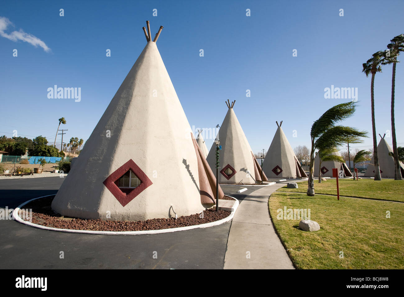 Teepee-shaped motel rooms at Wigwam Motel on Route 66 in Rialto, California. Stock Photo