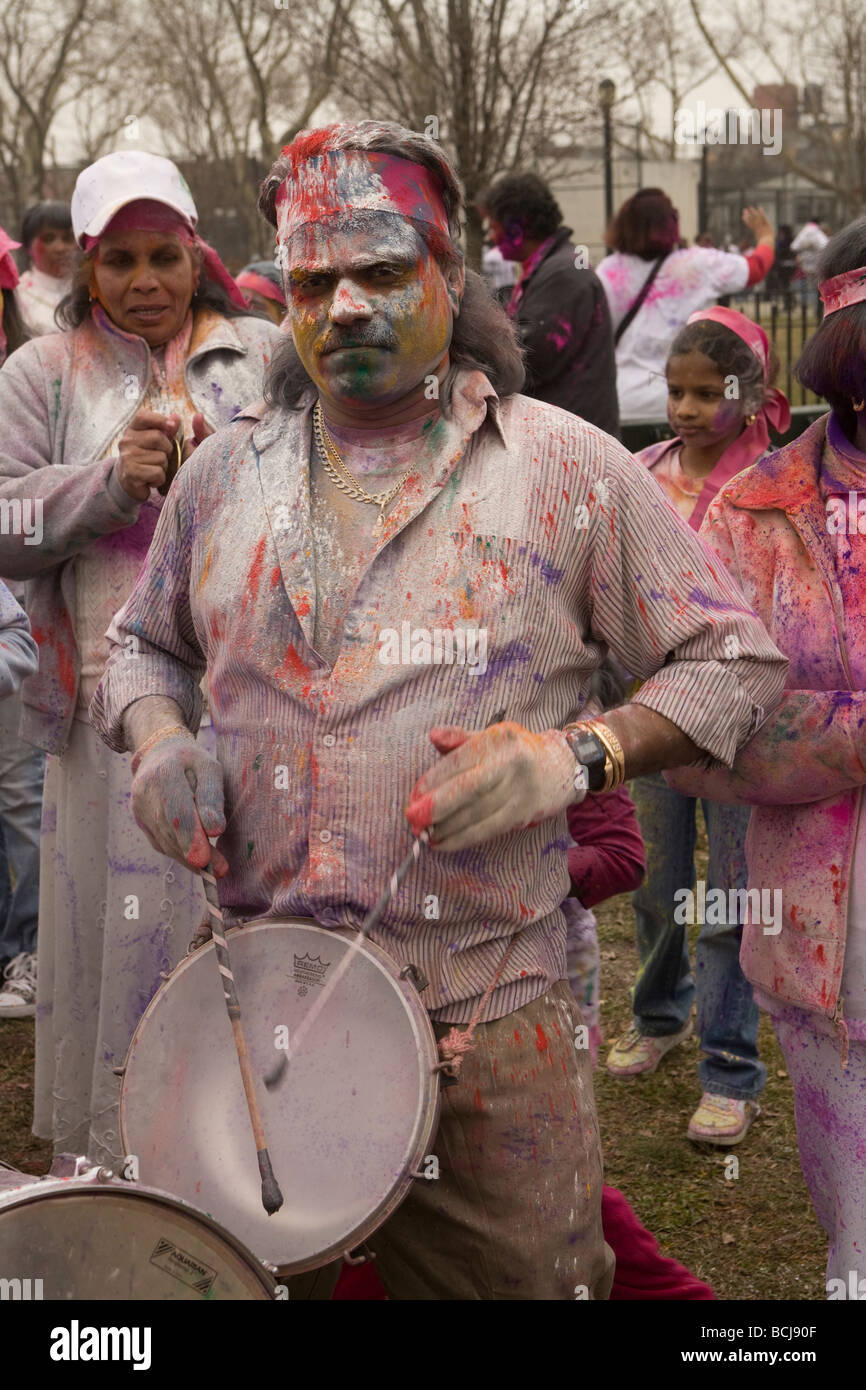 Hindu spring festival called Holi also known as Phagwah in the West Indies being celebrated in Queens, NY Stock Photo