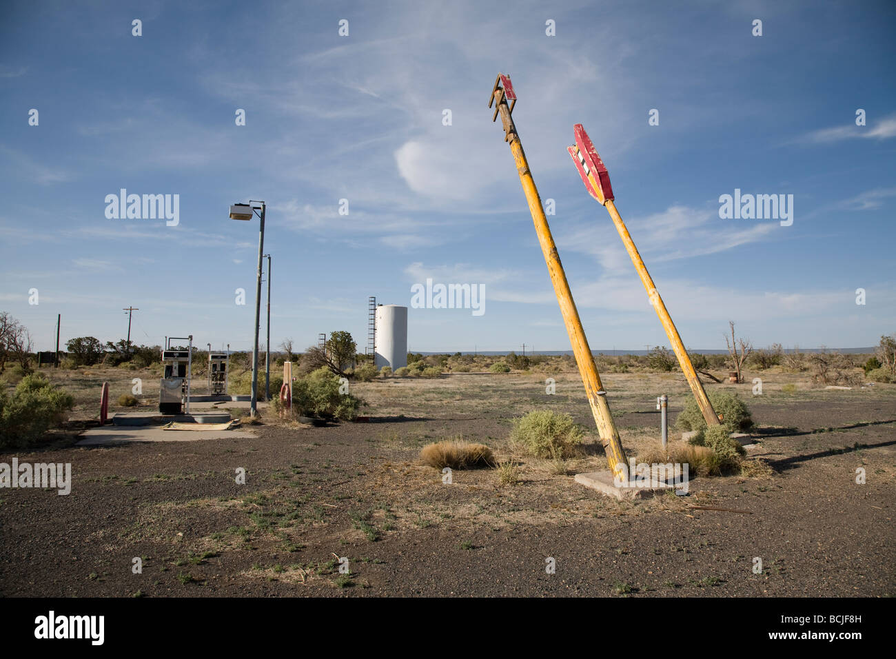 Remnants of two large American Indian arrows along highway part of former roadside attraction in Twin Arrows, Arizona Stock Photo