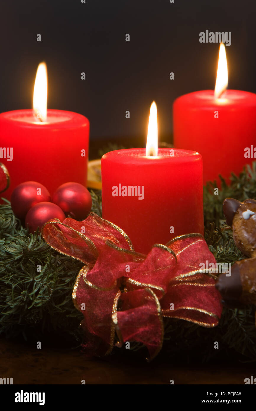 Four burning candles on advent wreath Stock Photo Alamy