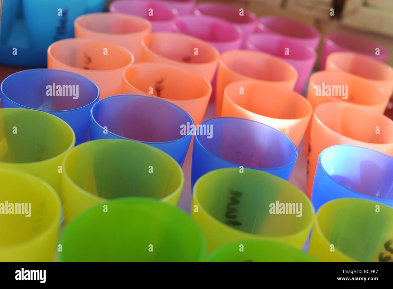 rows of plastic drinking cups Stock Photo