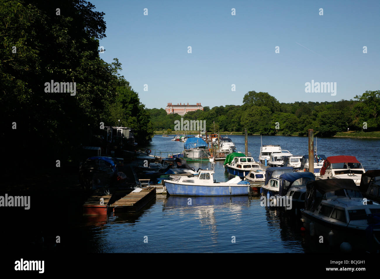 Looking down the River Thames to the Star & Garter Home on Richmond Hill, Richmond, London, UK Stock Photo