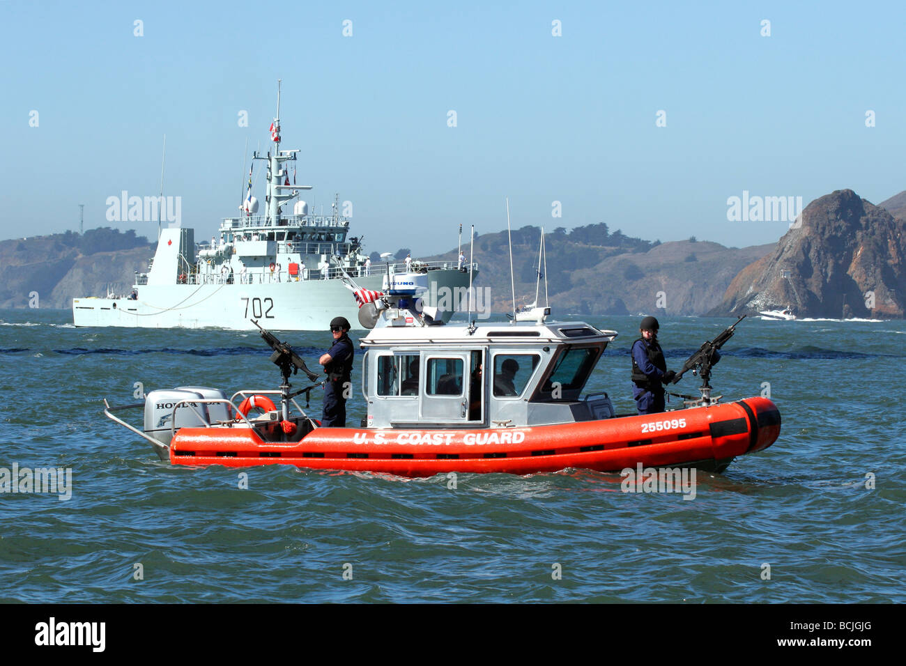 Coast Guard SAFE Boat stands guard as Canada's HMCS Nanaimo (MM702
