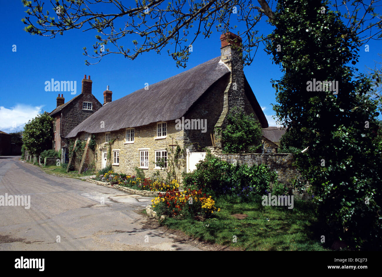 Thatched Cottage In The Picturesque Dorset Village Of Burton Stock