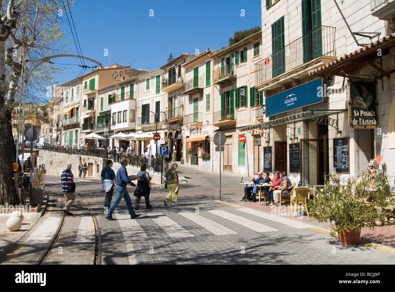 At the harbour of Port de Soller, on the Balearic Island Mallorca in Spain. Stock Photo