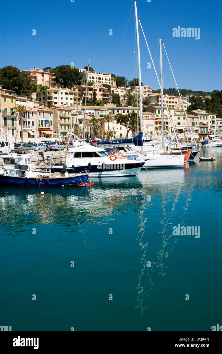 Harbour of Port de Soller, on the Balearic Island Mallorca in Spain. Stock Photo