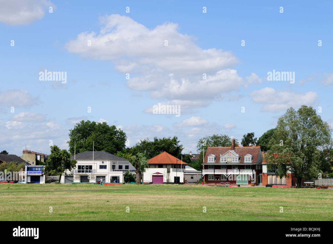 Midsummer Common looking towards rowing boathouses by the river cam, Cambridge England UK Stock Photo