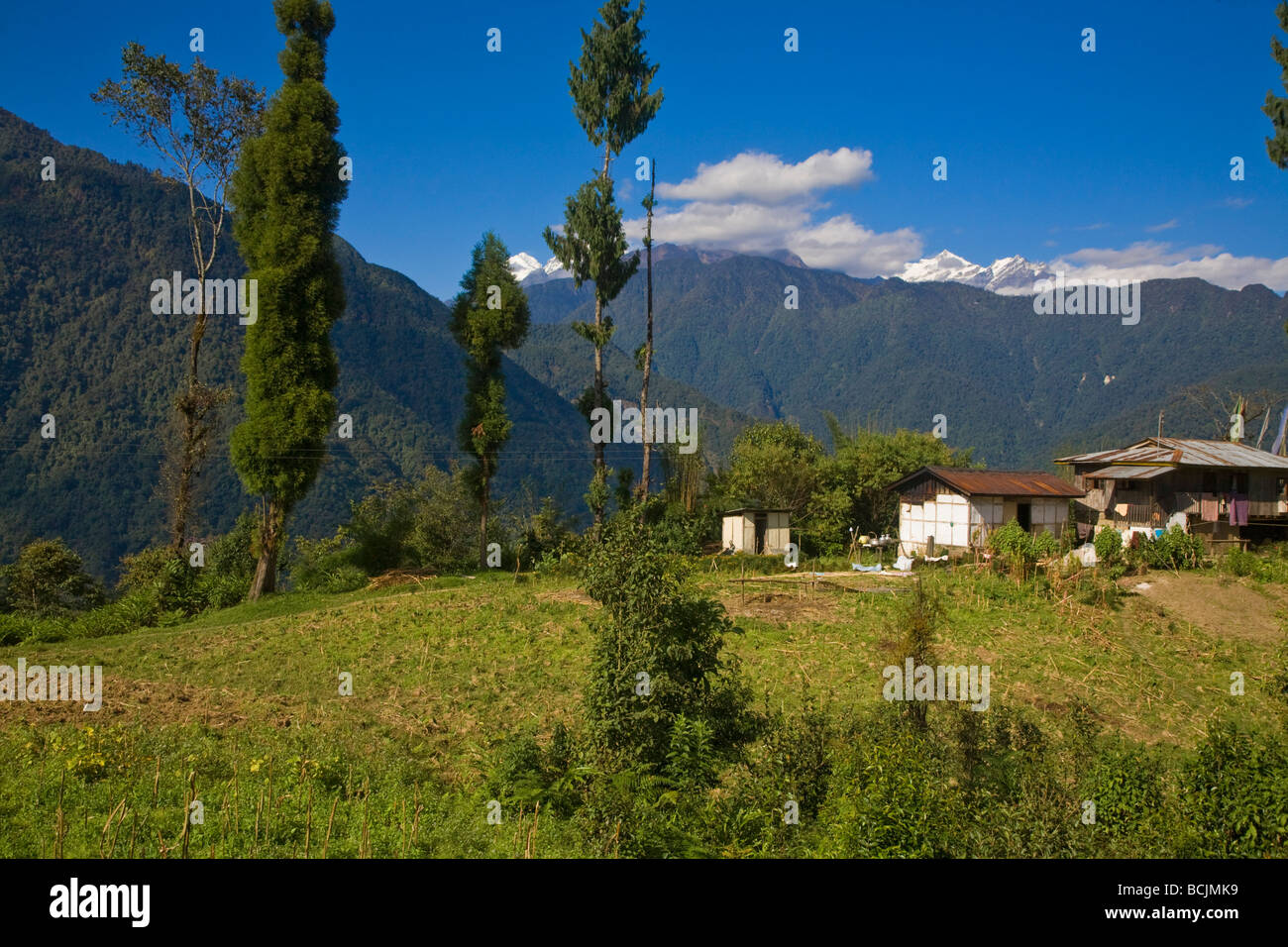 India, Sikkim, Khecheopalri Lake, House above lake with Kanchenjunga range in background Stock Photo