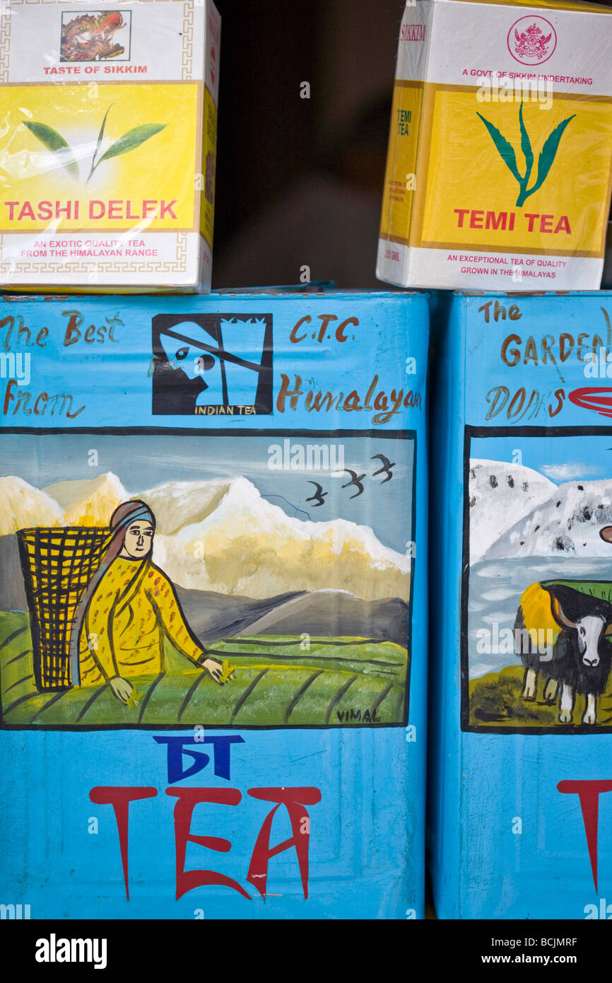 India, Sikkim, Gangtok, Mahatma Gandi Marg, MG Marg, Gangtok's main shopping street, Tea for sale Stock Photo