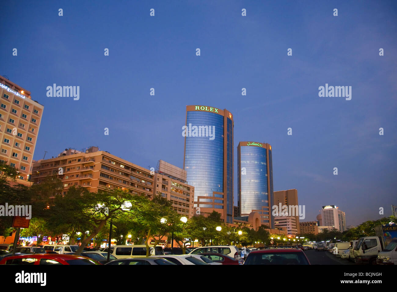 United Arab Emirates, Dubai, Dubai Creek and Deira Twin Towers at dusk Stock Photo