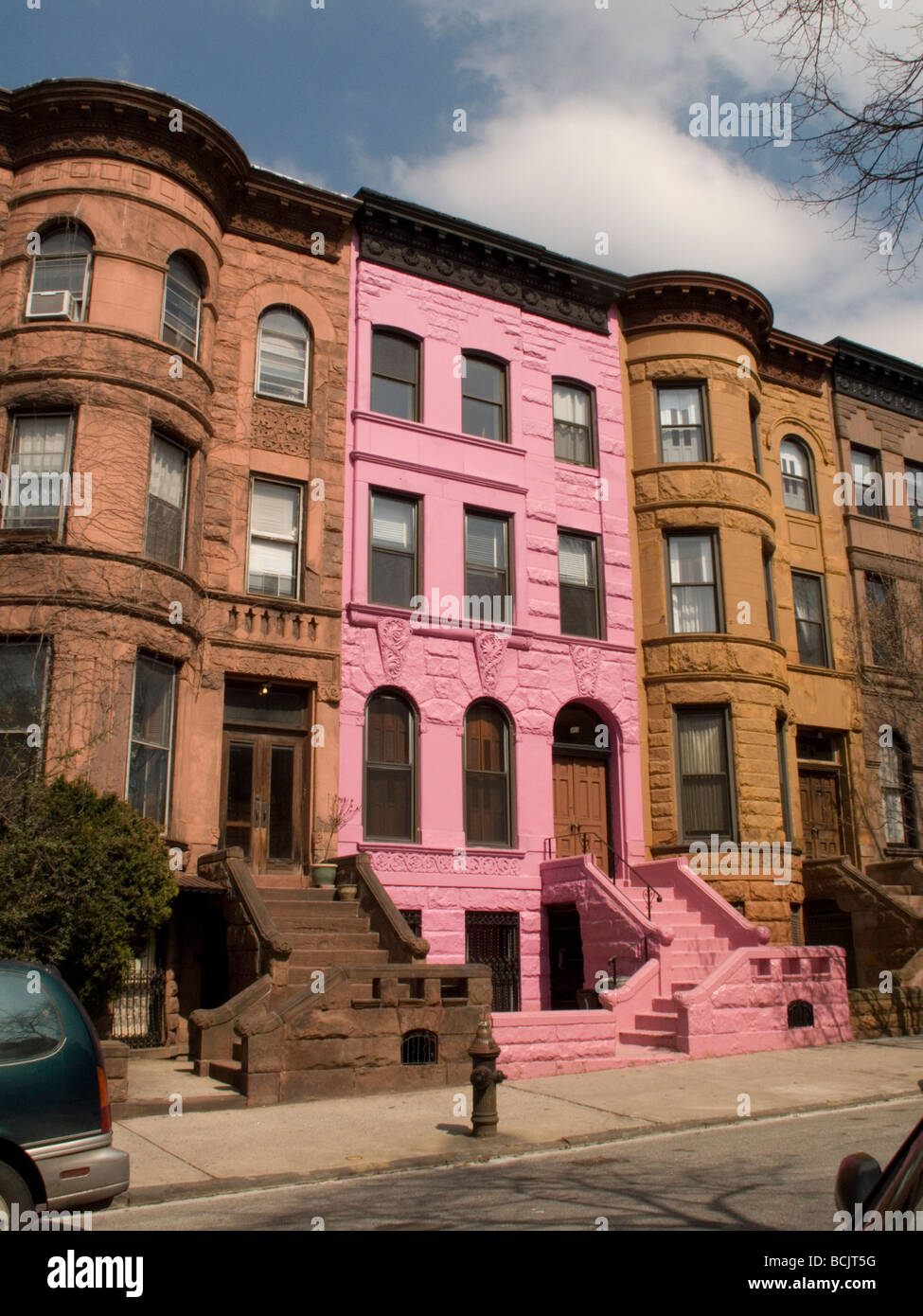 Pink among the Brownstones in the Park Slope residential neighborhood