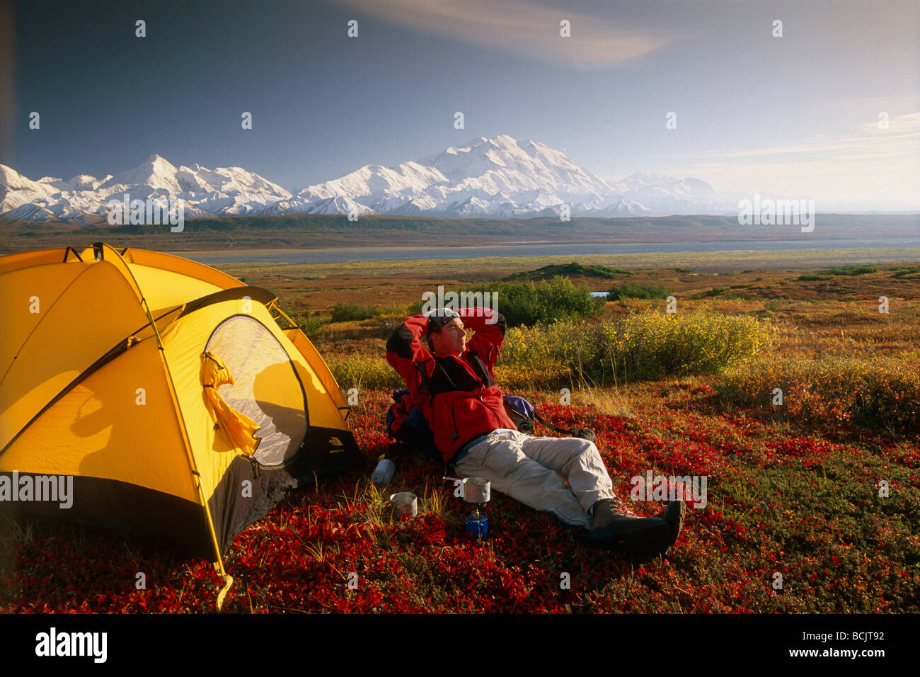 Backpacker Tent Camping on Tundra Denali NP IN AK Fall Views Mt