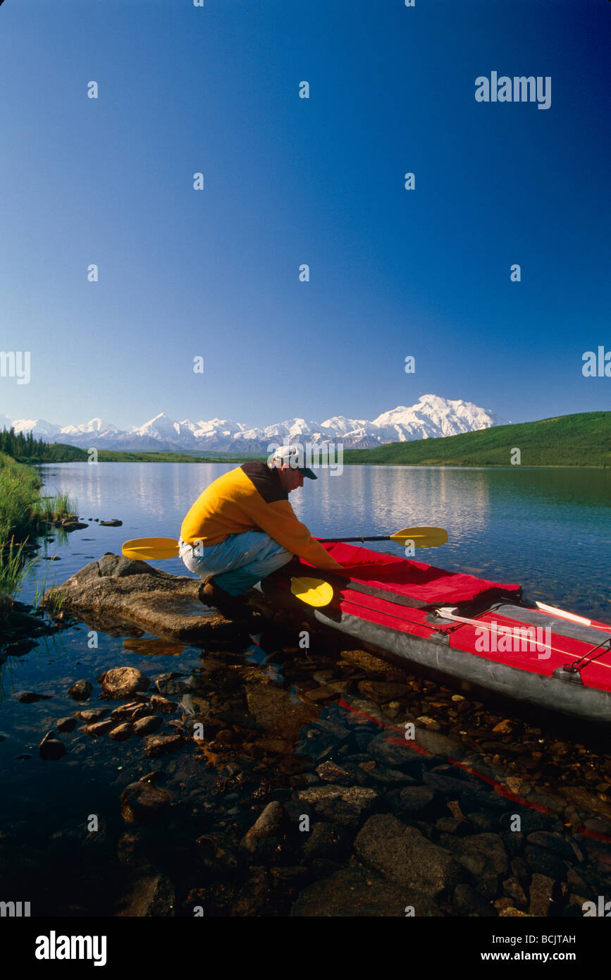 Man w/w/o Kayak @ Shoreline of Wonder Lake Denali NP AK IN Summer Views Scenery Stock Photo