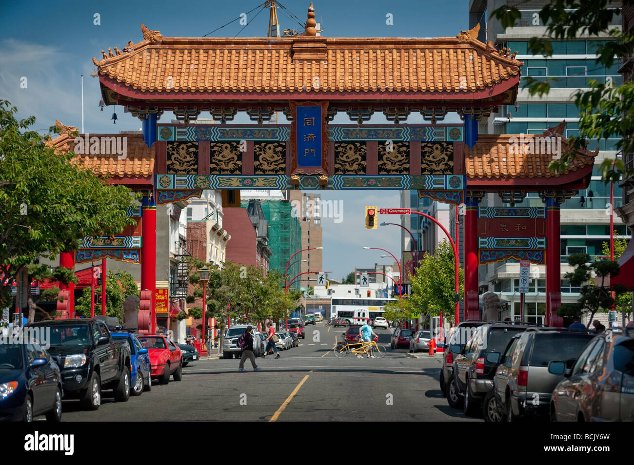 Victoria, British Columbia. The entrance to Chinatown is marked by the beautiful Gate of Harmonious Interest. Stock Photo