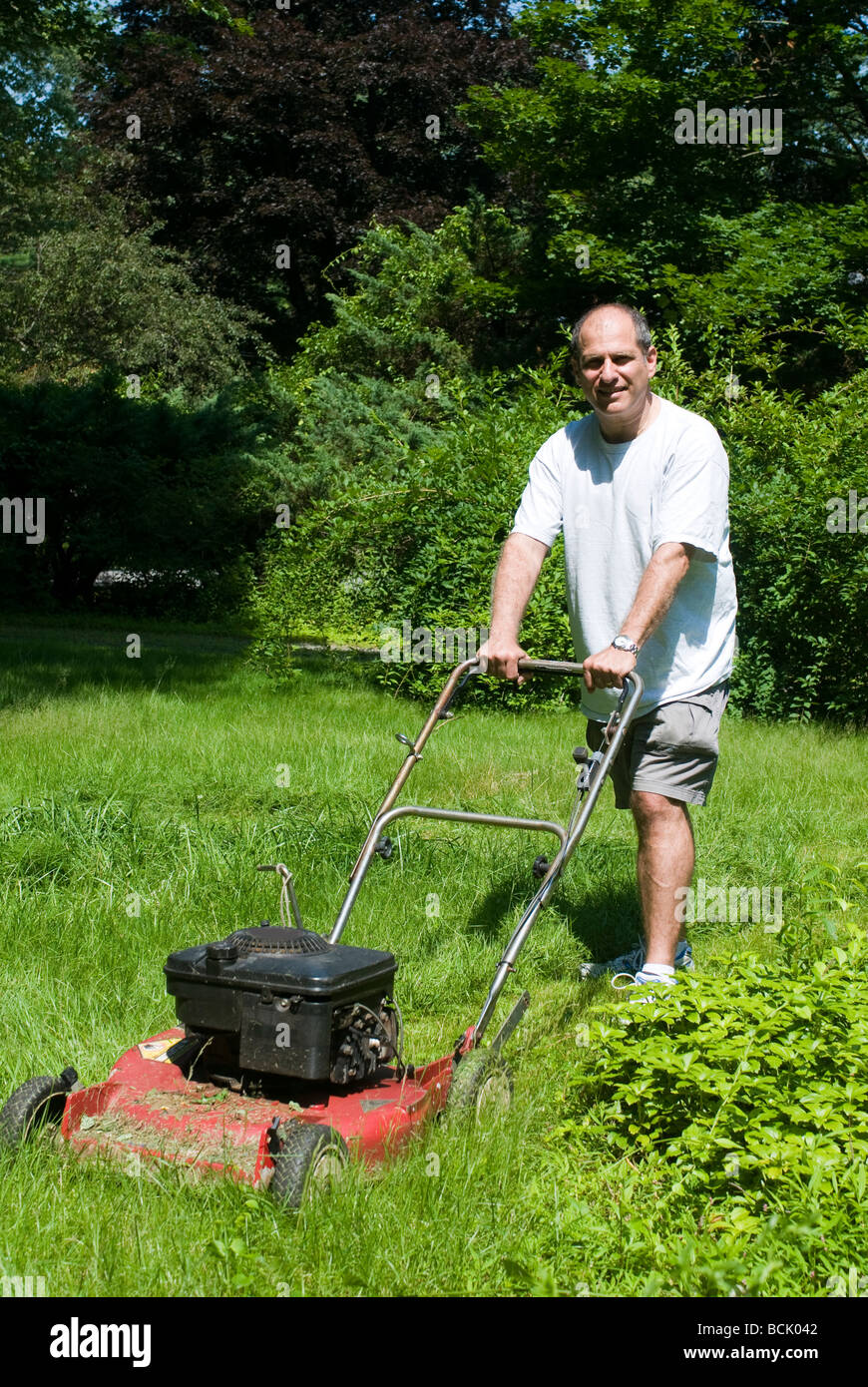 handsome middle age man cutting overgrown grass with old fashioned lawn ...