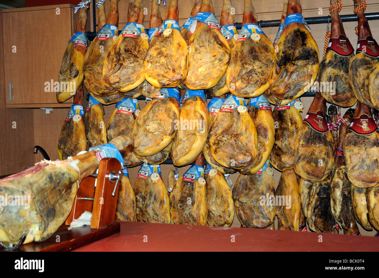 Jamon Serrano (Cured Ham) on sale in Nerja, typical Spanish food on the ...