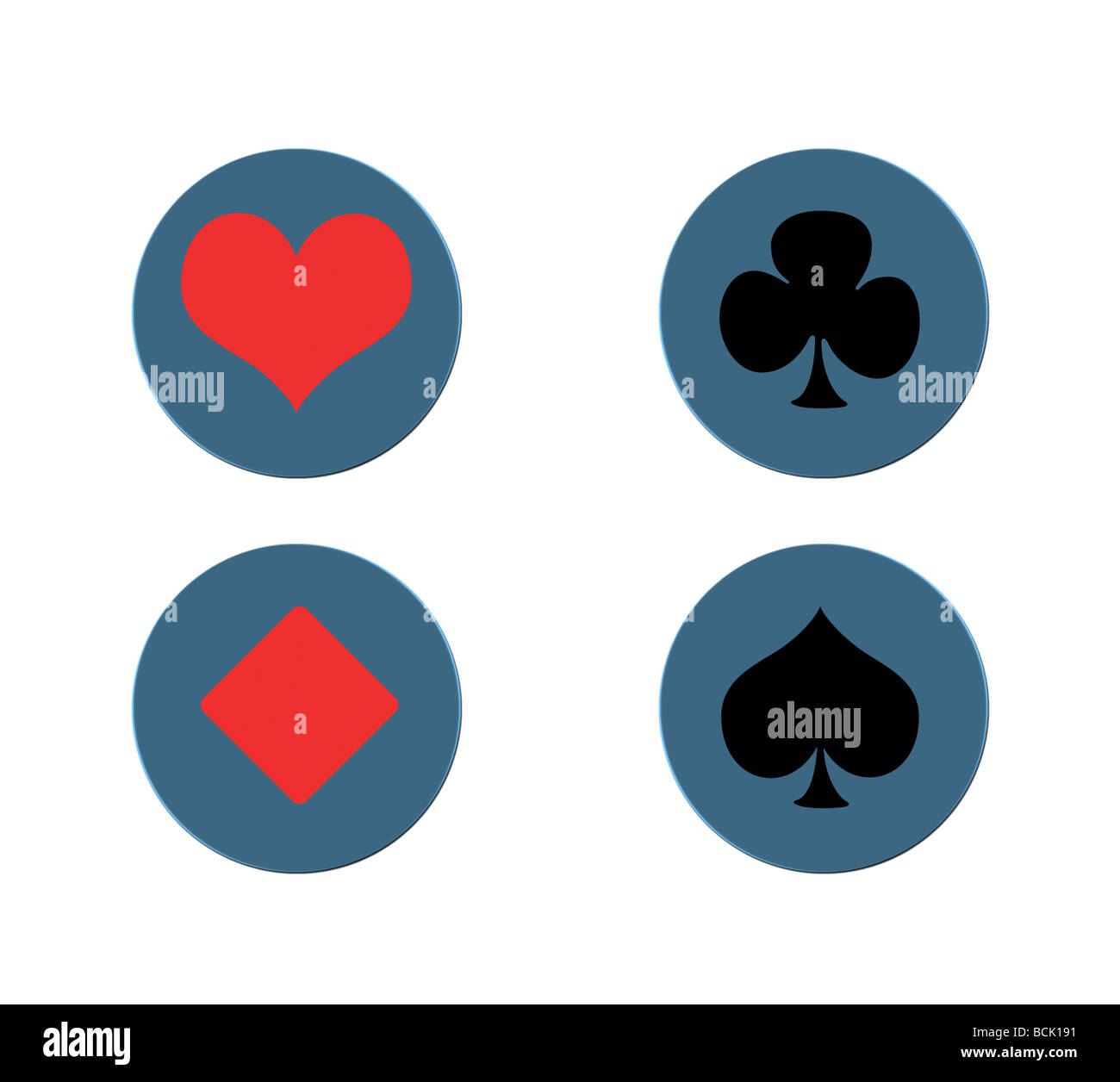 Playing card suits on buttons isolated on white background Stock Photo