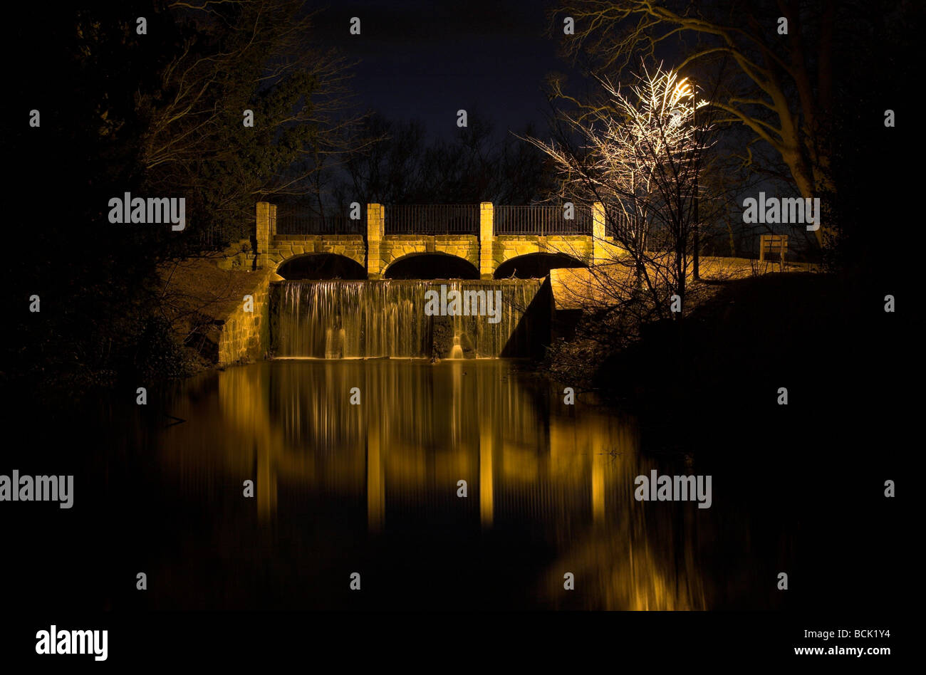 Night time long exposure of the Spinney weir Rolleston on Dove Staffordshire Stock Photo