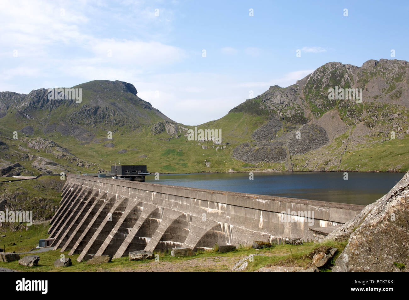 The upper reservoir (Llyn Stwlan) and dam of the Ffestiniog pumped storage hydro-electric scheme, North Wales. Stock Photo