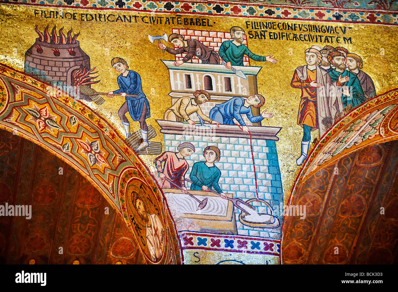 Byzantine mosaics at the Palantine Chapel ( Capella Palentina ) Norman Palace Palermo, Sicily, Italy. Christ above the Alter. Stock Photo