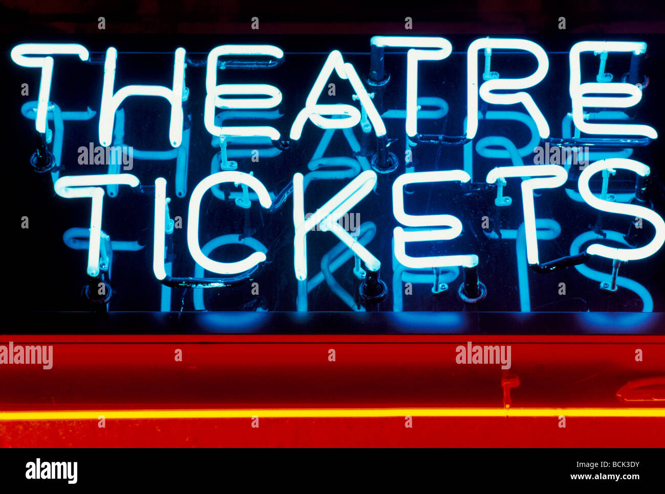 Theatre Tickets sign. Illuminated neon signs. West End. Central London