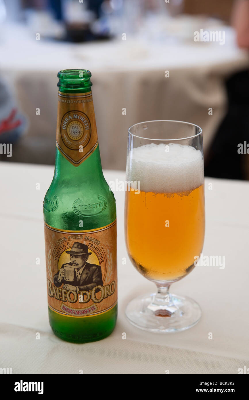 Italian Moretti lager beer with glass Stock Photo