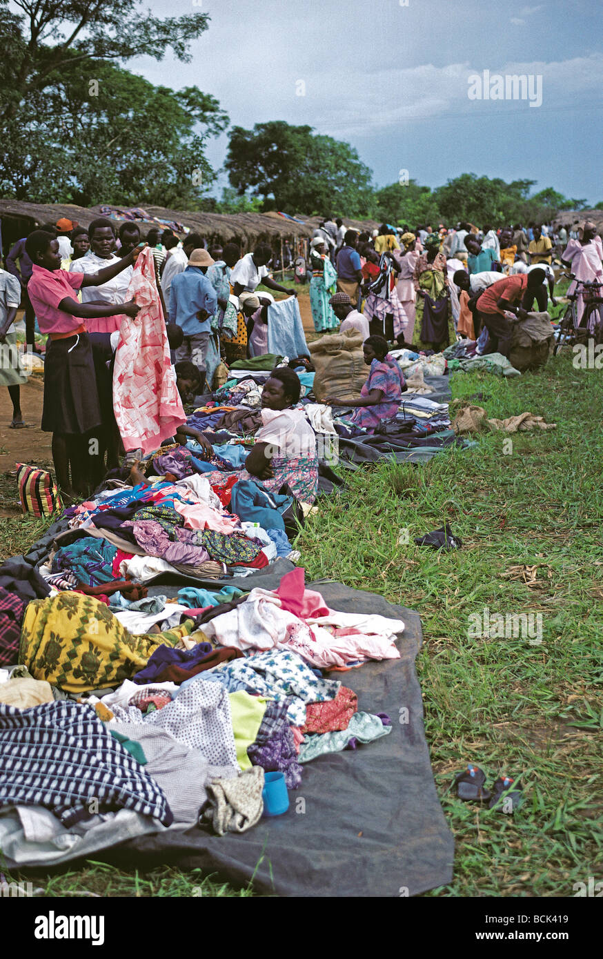 Second hand clothes on sale at market Port Masindi market Uganda East Africa Stock Photo