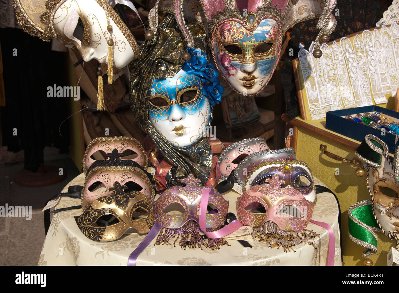 Venice - souvenir carnival masks in Burano Stock Photo