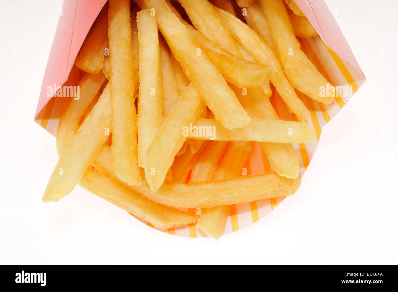 Container of Mcdonalds french fries on white background Stock Photo