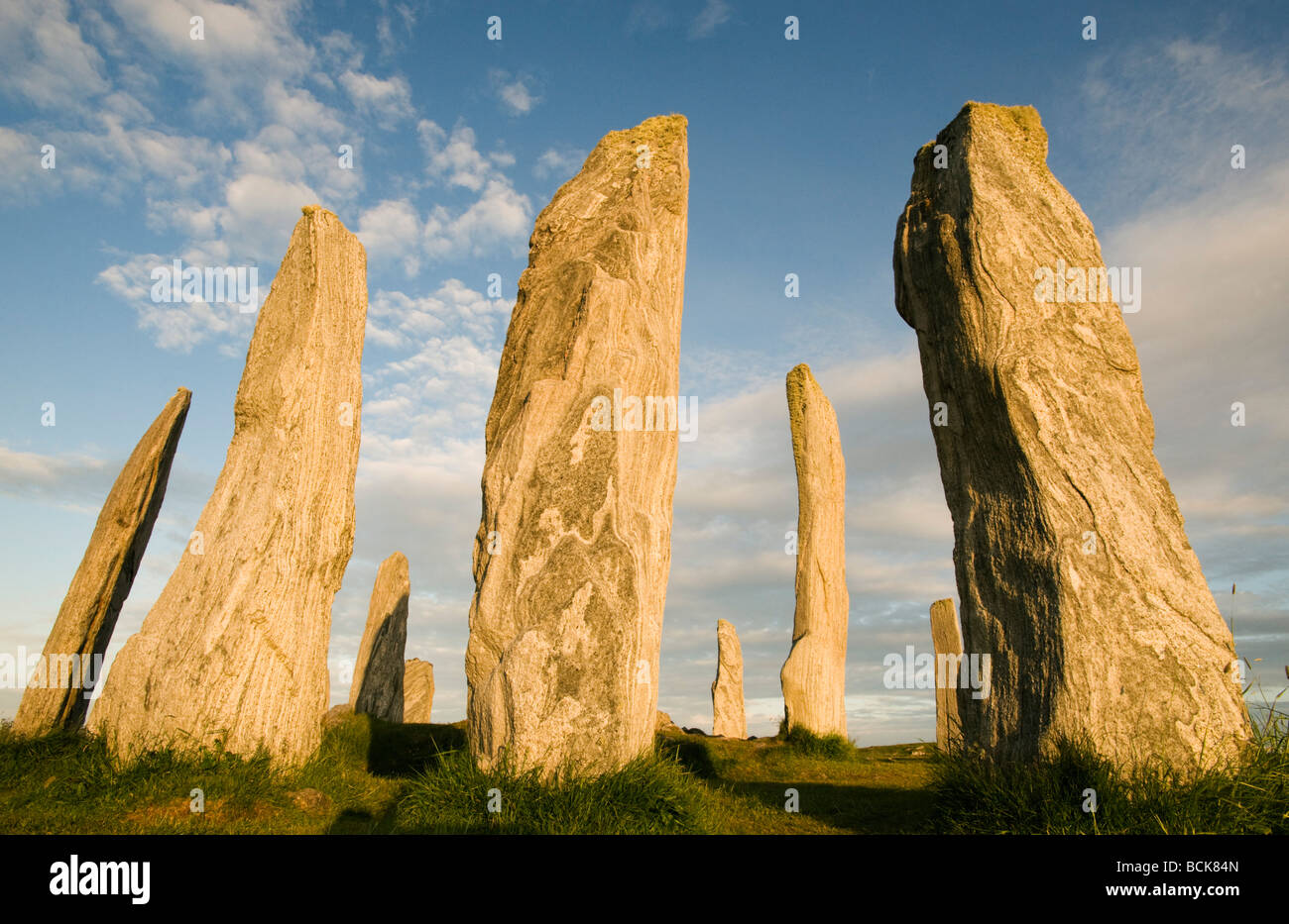 Callanish Stone Circle, Neolithic standing stones, Sunset on Summer Solstice, Isle of Lewis, Outer Hebrides, Scotland Stock Photo