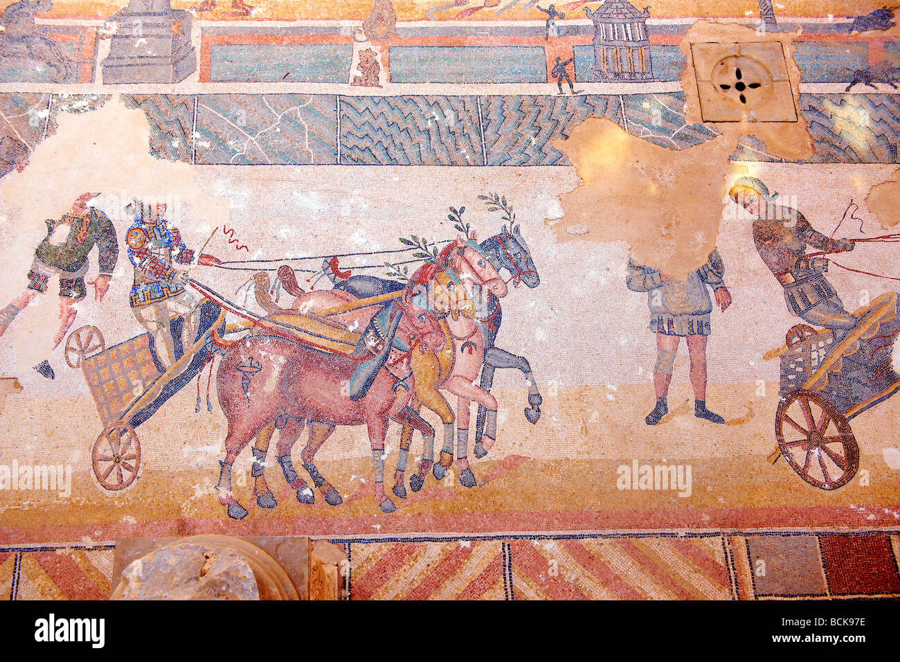 Roman mosaic of a chariot in the hippodrome at the Villa Romana or Ericulia  or Casale Dei Saraceni, Morgantina, Sicily Stock Photo