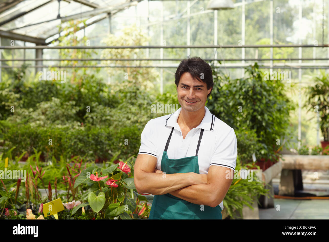 portrait of male florist with arms folded in flower shop. Copy space Stock Photo