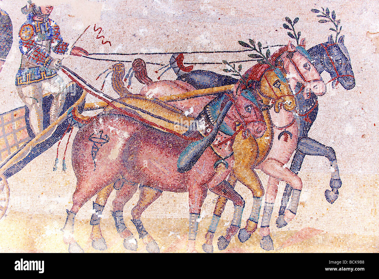 Roman mosaic of of a chariot  at the Villa Romana or Ericulia  or Casale Dei Saraceni, Morgantina, Sicily Stock Photo