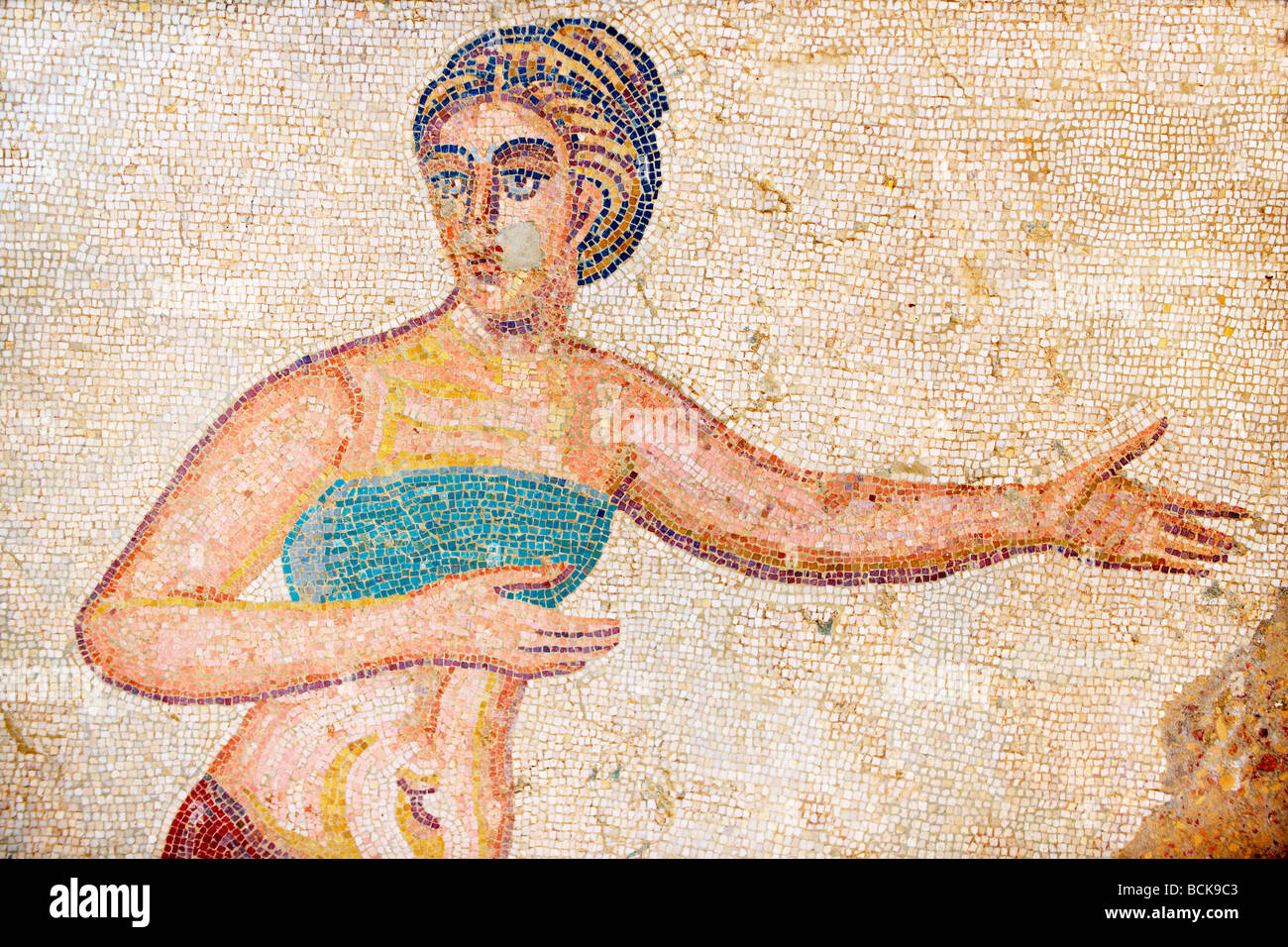 Roman mosaic of the 'Bikini Girls'  at the Villa Romana or Ericulia  or Casale Dei Saraceni, Morgantina, Sicily Stock Photo