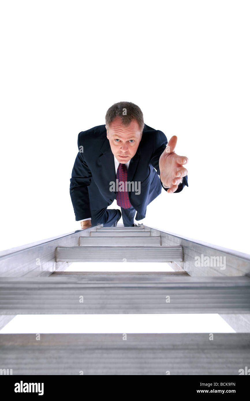 Businessman on a ladder reaching out for help isolated on a white background Stock Photo