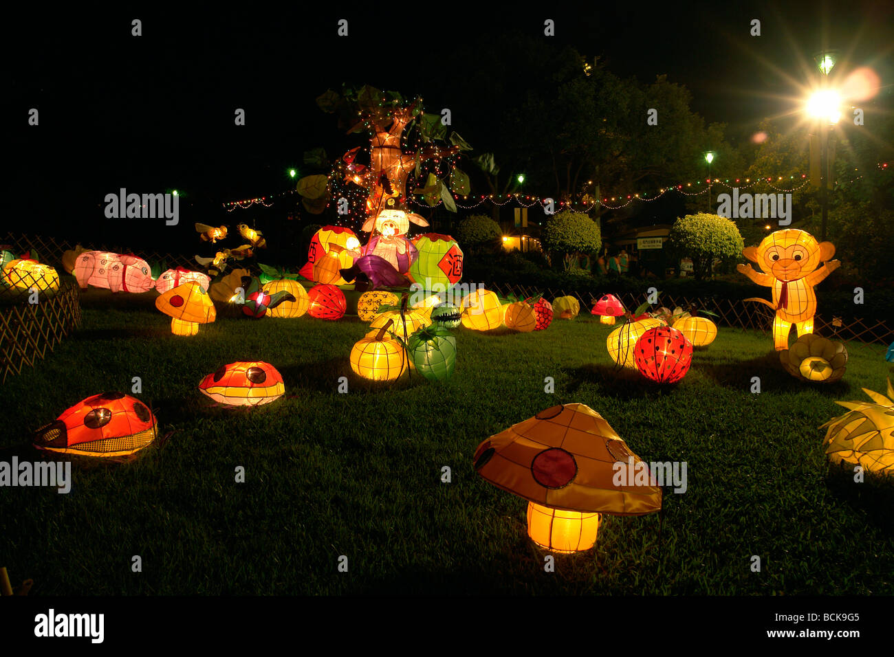 Chinese Mid-Autumn festival with dragon lantern in pond Asia China Hong Kong Stock Photo