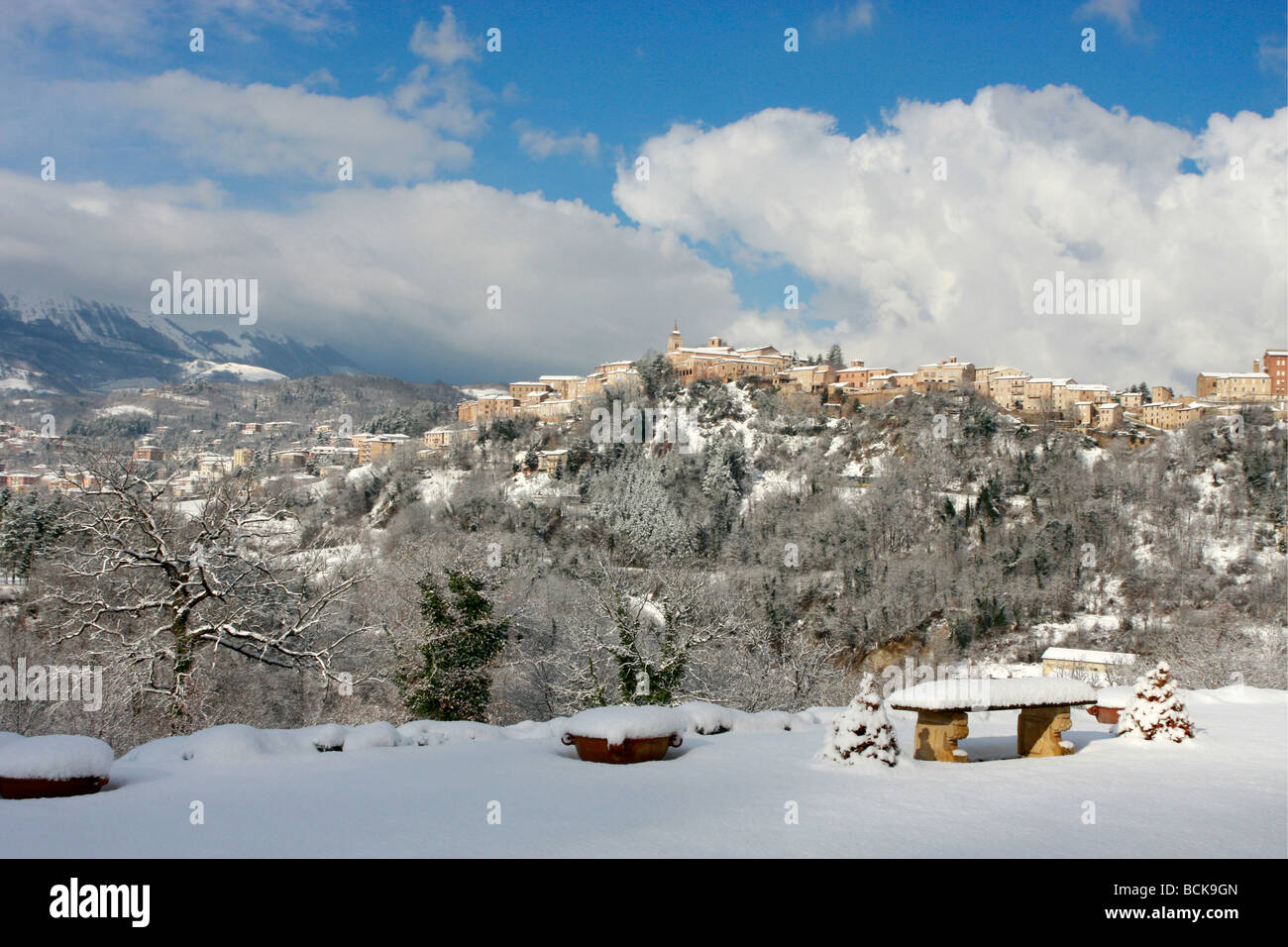 Charming,historic hilltown of Amandola in Le Marche,(Marches), Italy makes a beautiful picture in the snow Stock Photo