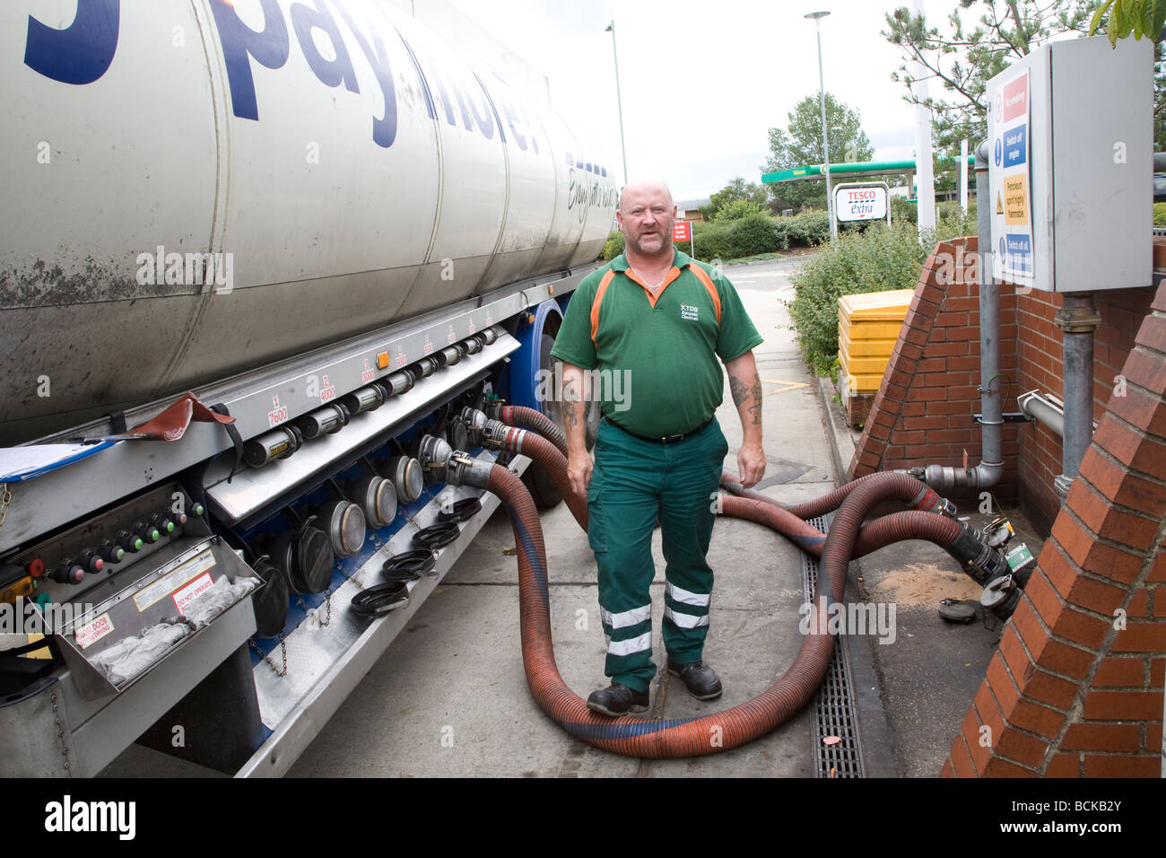 Petrol tanker delivery Tesco filling station Stock Photo Alamy