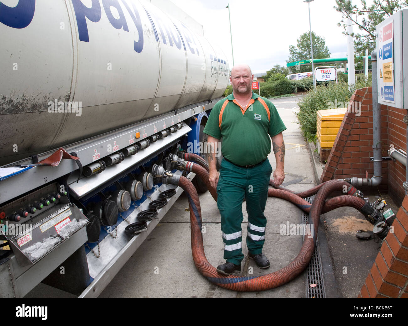 Petrol tanker delivery Tesco filling station Stock Photo Alamy
